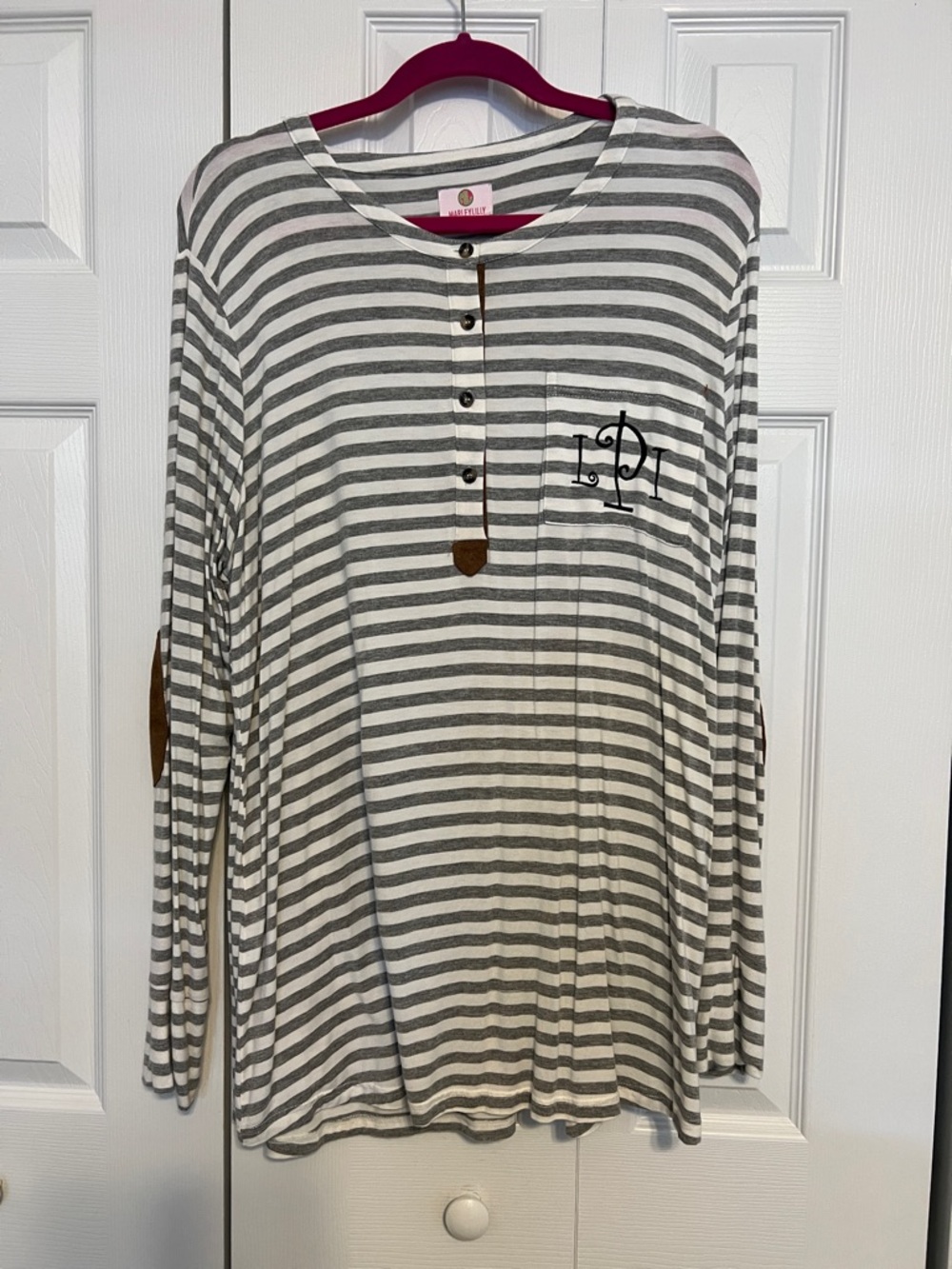 Striped Long-Sleeve Henley Top with Elbow Patches - Gray/White